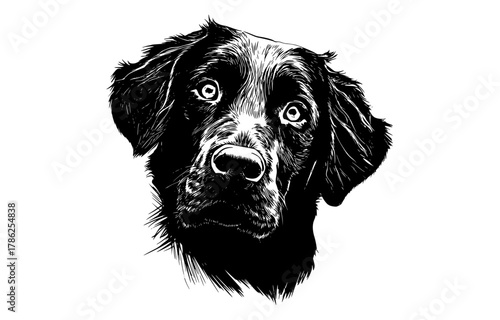 a black and white drawing of a dog's headblack, dog, head, portrait, stare, white 