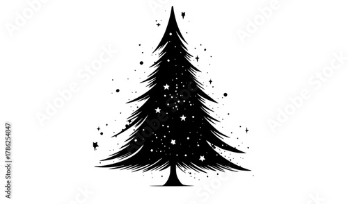 a black and white silhouette of a christmas tree with stars and splashesblack, christmas tree, fir tree, illustration, pine, snow, tree 