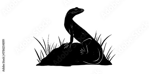 a black and white illustration of a lizard sitting on a rock, surrounded by grassanimal, black, floor, gecko, grass, iguana, lizard, reptile, stand, stone, white 