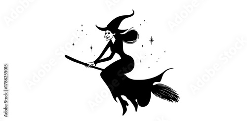 a black and white silhouette of a witch flying on a broomblack, broom, fly, halloween, illustration, magic, profile, star, witch 