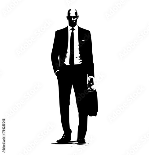 a silhouette of a man in a formal suit holding a briefcasebag, black, briefcase, business suit, businessman, carry, catch, goggles, hand, luggage, man, stand, suit, sunglasses, tie, wear 
