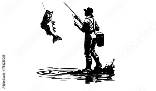 a silhouette of a fisherman catching a large fish with a fishing rodbarrel, bass, catch, fish, fisherman, fishing, fishing pole, hook, illustration, man, pole, profile, stand, water 