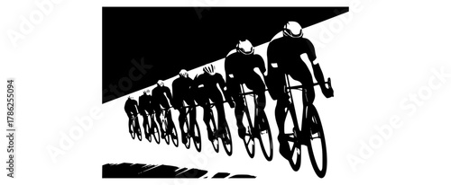 a group of cyclists in a line, depicted in black and whitebicycle, bicycle helmet, biker, cycle, illustration, man, person, profile, race, ride, shadow 