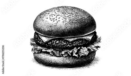 a vintage engraving of a hamburgercheeseburger, draw, drawing, food, hamburger, illustration, ink, lettuce, roll, sketch 