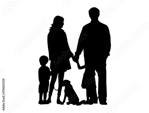 a silhouette of a family with their child and dogcatch, child, dog, family, hand, leash, man, pet, profile, stand, walk, woman 