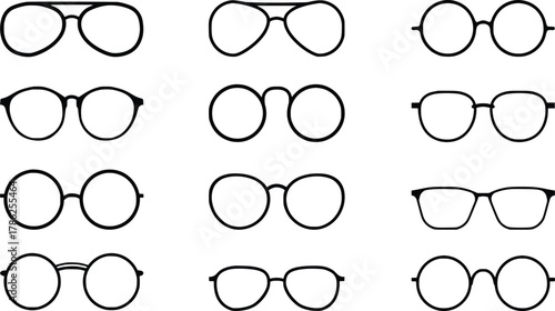 Collection of various black eyeglass and sunglass silhouettes isolated on white background isolated on transparent background