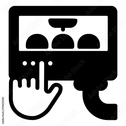 Oven with buttons and hand index finger solid icon, manufacture concept, bakery factory sign on white background, glyph style for mobile web design. Vector graphics.