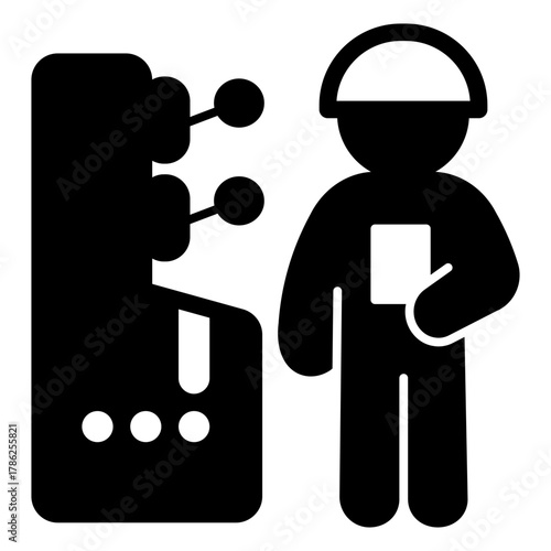 Worker at control panel with levers solid icon, manufacturing concept, factory operator sign on white background, glyph style for mobile web design. Vector graphics.