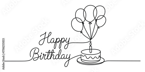 Happy birthday cake, balloons, and greeting in minimalist line art.