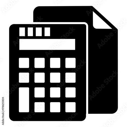 Calculator and sheet of paper solid icon, bookkeeping, cost calculation concept, data estimation sign on white background, glyph style for mobile web design. Vector graphics.