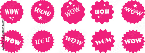 A vibrant set of pink stickers with the inscription WOW for social media, advertising and banners. Modern design, rich colors and stylish shapes. Suitable for fashion, beauty and marketing project.