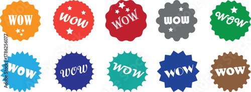 A vibrant set of pink stickers with the inscription WOW for social media, advertising and banners. Modern design, rich colors and stylish shapes. Suitable for fashion, beauty and marketing project.