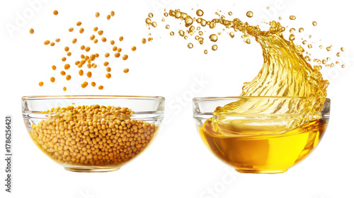 Yellow mustard seeds and mustard oil in a glass bowl with splashes on transparent background