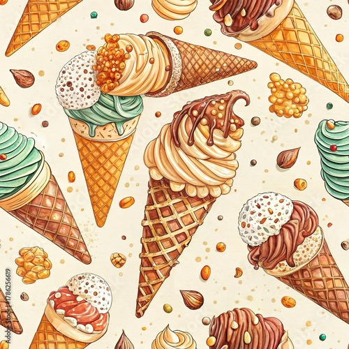 Seamless pattern with colorful ice cream cones, waffle texture, chocolate, vanilla, mint flavors, sprinkles, nuts on cream background