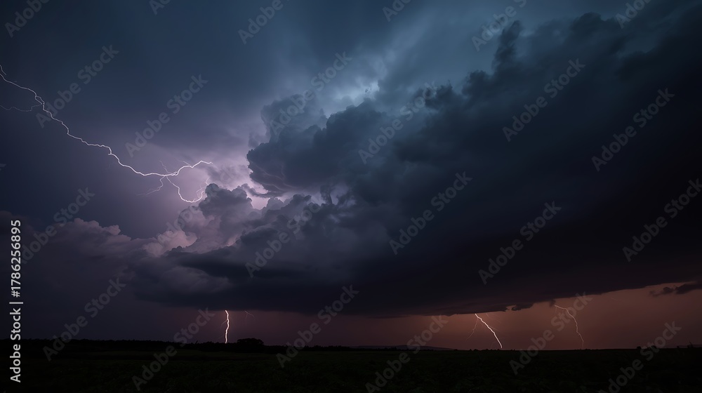 Fototapeta premium Dramatic lightning strikes illuminate a powerful thunderstorm over a dark, silhouetted landscape creating a breathtaking natural spectacle.