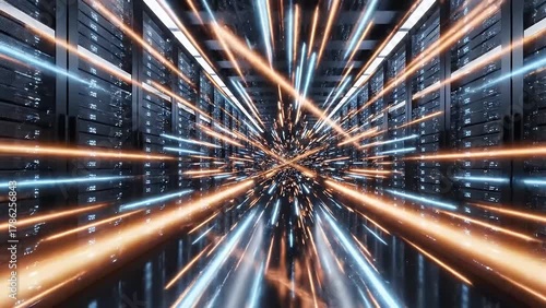 Glowing streams of light represent high-speed data transfer in a futuristic server room