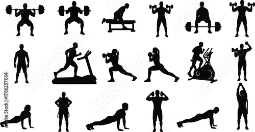 Fitness silhouette, gym workout, strength training, cardio exercise, dumbbell movement, barbell lift, bodyweight drill, black illustration, healthy lifestyle, exercise variety