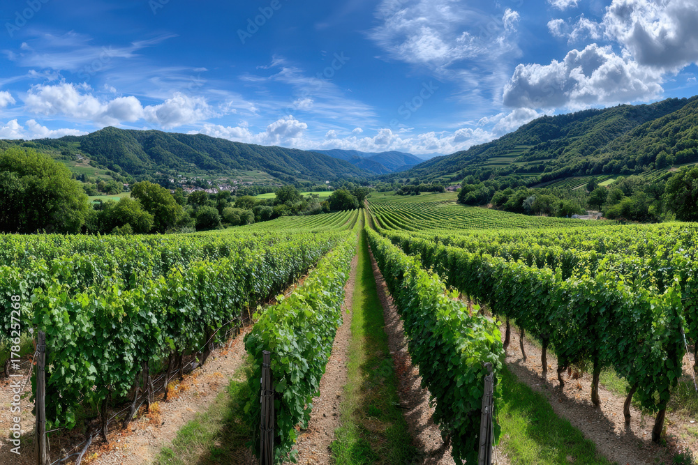 Fototapeta premium Vineyard rows in a valley under blue sky