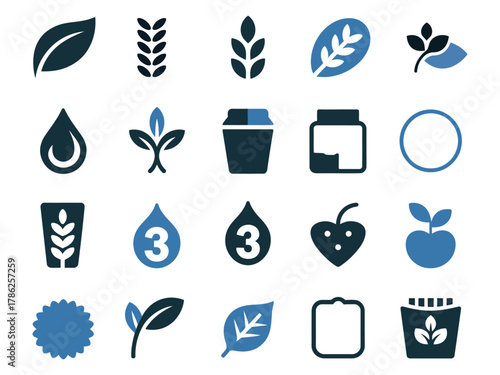 A collection of eco-friendly icons featuring various plants, leaves, and water elements in blue tones.