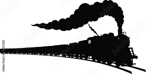 Steam locomotive silhouette, vintage train on track, smoke plume illustration, black rail engine, historical transport vector, classic cargo train graphic