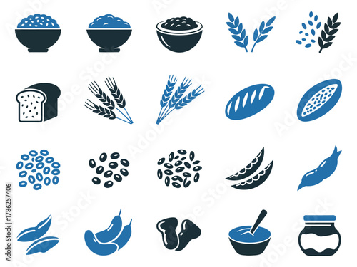 A variety of food icons featuring grains, legumes, vegetables, and baked goods in blue tones.