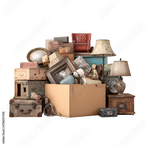 Pile of old antique items and boxes for moving or storage