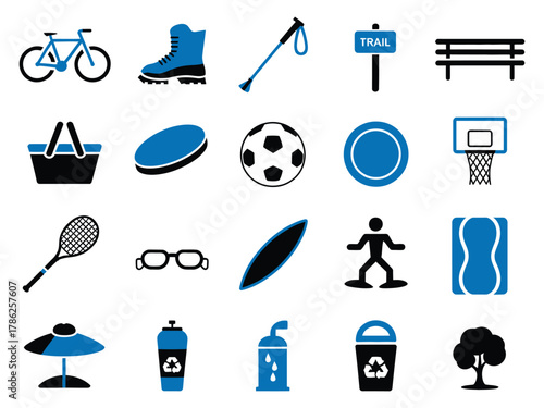 A collection of sports and outdoor icons featuring a bike, soccer ball, and more, in blue and black.