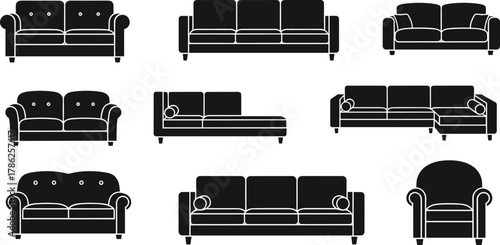Furniture silhouette, sofa icons, armchair styles, seating design, black illustration, interior decor, modern couch, vintage sofa, home comfort, living room setup