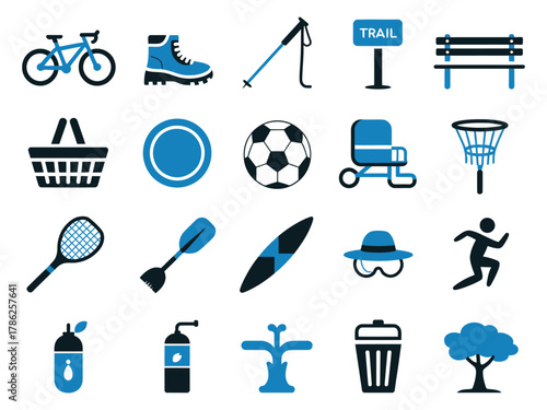 Collection of outdoor activity icons featuring sports equipment and recreational items.