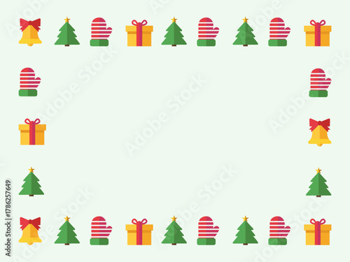 Festive christmas border featuring gifts, trees, bells, and mittens on light green vector