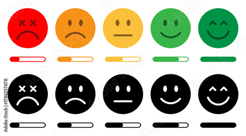 Colorful feedback faces with progress bars showing bad, poor, average, good, and excellent satisfaction levels for surveys, customer reviews, rating forms, evaluation. Emoji, icons, vector, feedback.