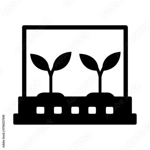 Two young plants growing in a greenhouse silhouette