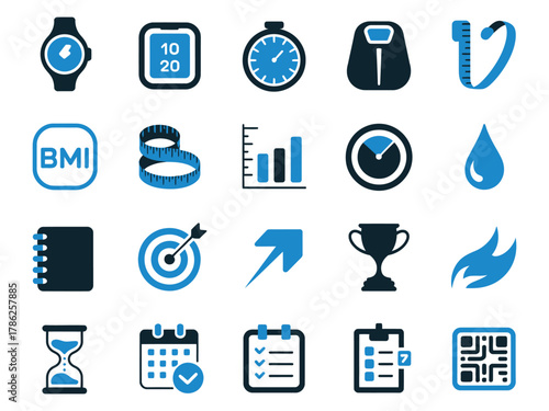 A collection of health and fitness icons in blue and black, showcasing various metrics and tools.