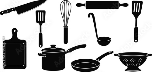 Kitchen utensils silhouette, cooking tools vector, black icons set, chef equipment illustration, food preparation items, cookware graphic design elements