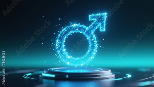 A bright blue male symbol made of glowing particles in space, showing vitality and modern science, high testosterone, boost testosterone