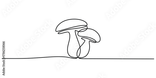 Continuous line drawing of two mushroom fungi on a white background