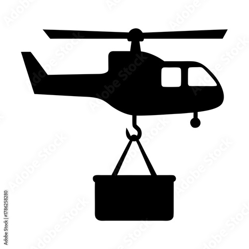 Helicopter lifting cargo in a classic silhouette style