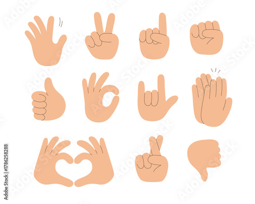 Set of hands with different gestures. Doodle style.