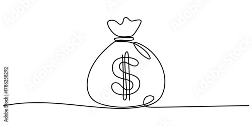 Continuous line drawing of a money bag with dollar sign design