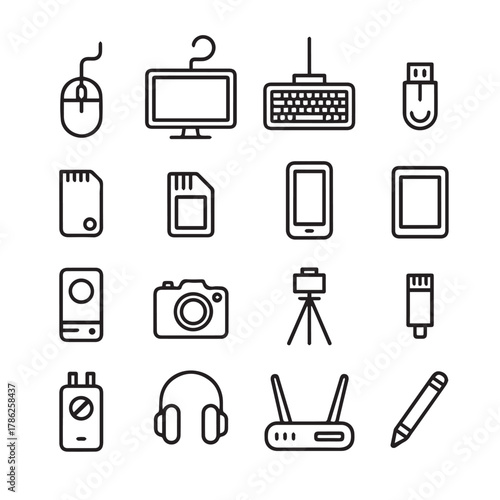 Collection of technology icons isolated on white background, representing gadgets, devices, and digital communication tools