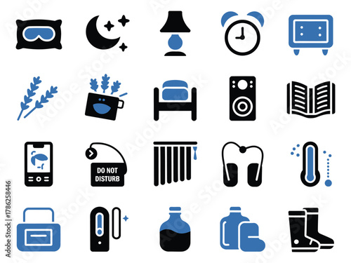 A stylish collection of cozy bedroom icons in blue and black, perfect for relaxation themes.