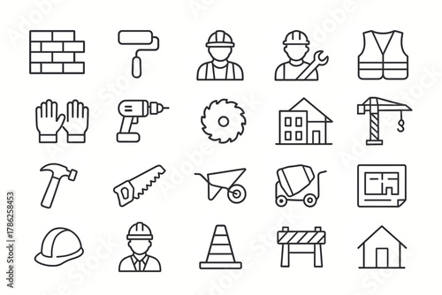 Construction Line Icons — Tools, Workers, and Equipment
