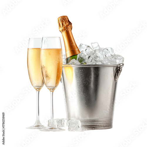 Two glasses of champagne next to a bottle in an ice bucket