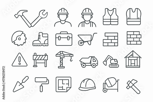 Construction Line Icons — Workers, Tools, and Safety Equipment