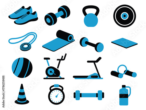 A collection of gym equipment and accessories in blue and black, symbolizing fitness and exercise.