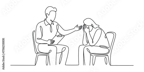 Counselor offering comfort to a sad person, continuous line art