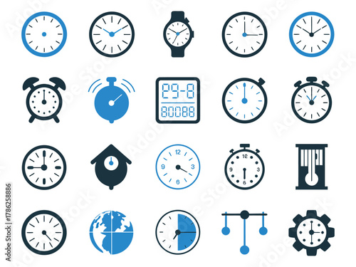 Variety of clocks and timers in blue and black, symbolizing time management and punctuality.