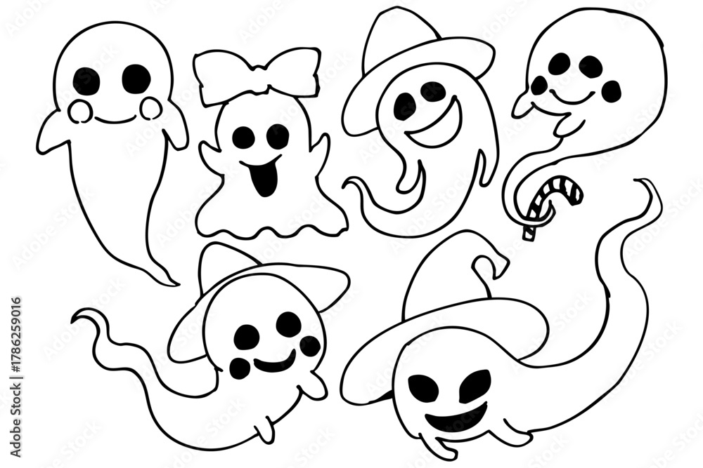 Obraz premium おばけの線画セット | ハロウィン イラスト コレクション ベクター素材