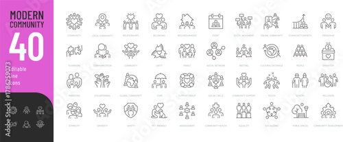 Modern Community Line Editable Icons set. Vector illustration in modern thin style of people related icons: neighborhood, friendship, family, and more. Isolated on transparent background.