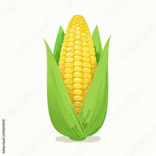 A golden ear of corn with tightly arranged yellow kernels and bright green husks on display.